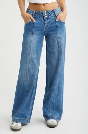 YMI Bella Triple Button Low Rise Wide Leg Jeans in Medium Blue at Nordstrom, Size 3