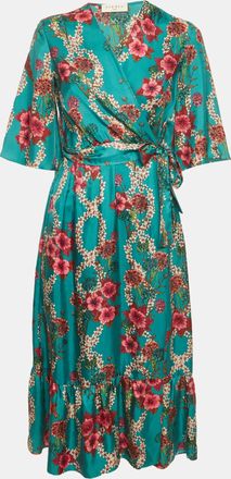 Sandro Turquoise Floral Print Silk Midi Wrap Dress