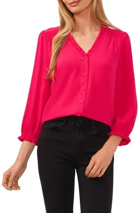 CeCe by Cynthia Steffe Ruffle V-Neck Blouse in Pink Peacock at Nordstrom, Size Medium
