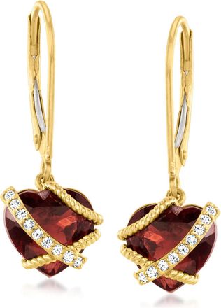 Ross-Simons Garnet and Diamond-Accented Heart Drop Earrings in 14kt Yellow Gold