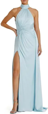 Mac Duggal Open Back High Neck Side Ruched Gown in Powder Blue at Nordstrom, Size 12