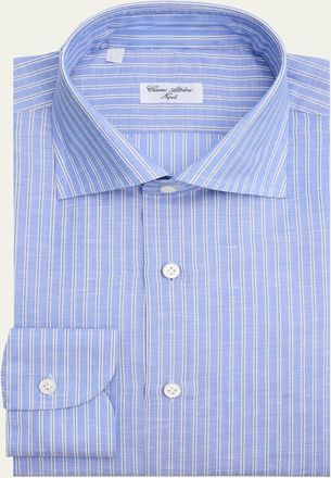 Cesare Attolini Mens Cotton and Linen Multi-Stripe Dress Shirt