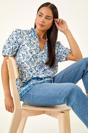 Roman Floral Border V-Neck Top