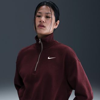 Nike Womens Nike Sportswear Phoenix Fleece 1/4-Zip Cropped Sweatshirt in Red | DQ5767-652