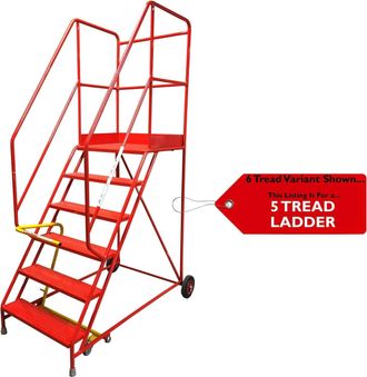Loops 5 Tread HEAVY DUTY Mobile Warehouse Stairs -Punched Steps- 2.13m Safety Ladder