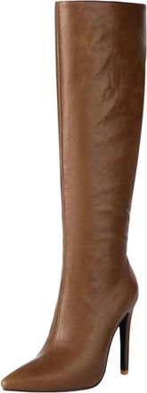 Generic Women Knee High Boots Pointed Toe Heeled Long Zipper Winter Solid Color Elegant Party Boot