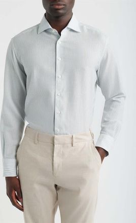 Eterna Soft Luxury Modern Fit Stripe Wool & Linen Non-Iron Dress Shirt in Sky at Nordstrom, Size 16.5L