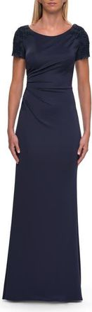 La Femme Short Sleeve Embellished Shoulder Evening Gown in Navy at Nordstrom, Size 10