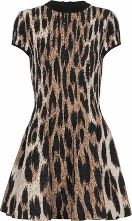 Balmain A-lijn jurk met luipaardprint jacquard - Dames - Korte kleedjes - Bruin - S - Leer - Kleedjes