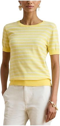 Lauren Ralph Lauren Striped Cotton Short-Sleeve Sweater Womens Clothing Lemon Sorbet/White : LG