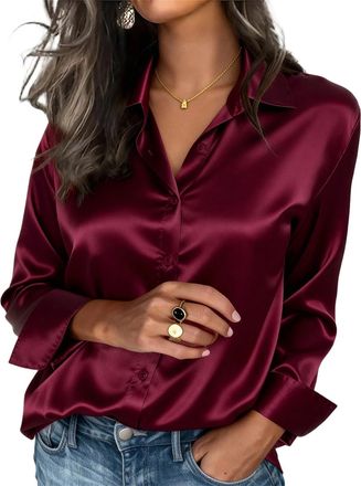 Generic Womens Satin Shirts Silk Solid Long Sleeve Button Down Lightweight Tops Casual Fashion Loose Fit Party Business Office Work Blouse Silk Blouses for Wo