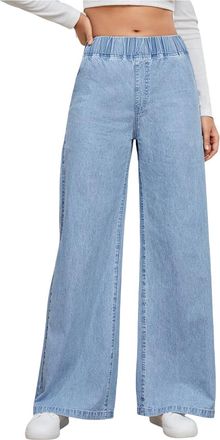 Generic Wide Leg Jeans for Women UK Loose Fit Elastic Waist Trousers for Women Ladies Lounge Pants with Pockets Pull On Stretch High Waist Jeans Plus Size Bag
