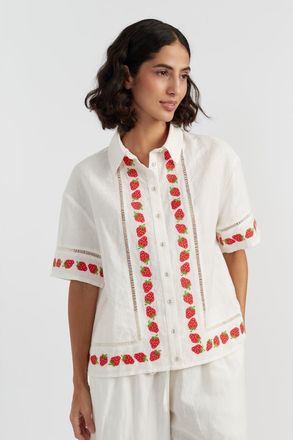 Chinti and Parker Linen-Blend Strawberry Shirt in Cream at Nordstrom, Size 10