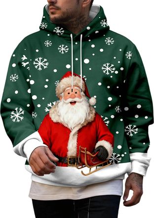 Generic Mens Christmas Hoodie Sweatshirt Funny Christmas Jumpers Mens Christmas Print Hooded Long Sleeve Hoodie Top Santa Festive Sweatshirt Xmas Party Hooded