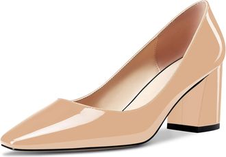 Castamere Women Chunky Block Mid Heel Square Toe Slip-on Pumps Court Shoe Classic Office Dress 6.5 CM Heels Shoes Beige 6 UK