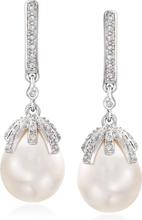 Ross-Simons 9-9.5mm Cultured Pearl and. Diamond Drop Earrings in Sterling Silver