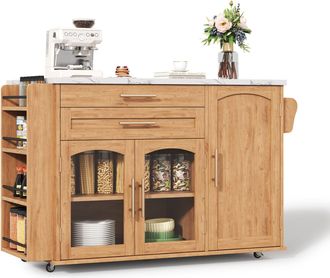 STILVORA Carrito De Cocina Con 2 Cajones, Puertas De Vidrio, Estantes Ajustables Y Encimera Abatible 120x45x90 Cm