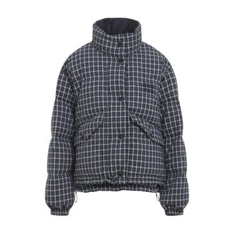 Miu Miu Jassen, Dames, Veelkleurig, M, Leer, Blu Bianco Reversible Checked Down Jacket