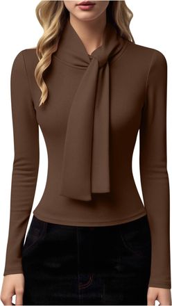 Generic Long Sleeve Tops Women Tie Neck Elegant Shirt Ladies Slim Fit Crew Neck Blouse Tops Clothes Casual Office Wear for Daily Work Travel Holiday Street