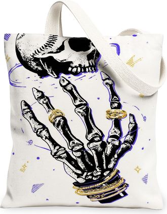 Generic Skeleton Hand Canvas Tote Bags, Halloween Skull Design Lightweight Reusable Bags, Vintage Washable Shoulder Strap Canvas Fo, White, 13x15 Inch