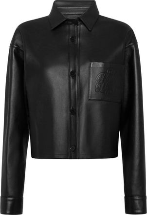 Philipp Plein Cropped Leather Shirt Signature - Dames - Leren en Su&egrave;de Jassen - Zwart - S - Leer - Jassen