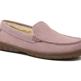 Lands End Fuzzy Lined Suede Moccasin Slippers in Pink Frost at Nordstrom, Size 11