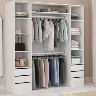 IDMarket Tayla 185 X 55 X 200 Cm Armario Doble Con Estantes + Doble Espacio Para Colgar + Cajones Blancos