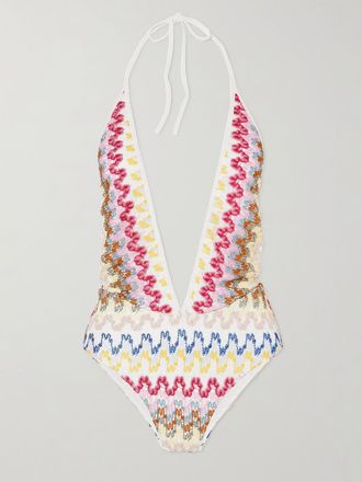 Missoni Costume Da Bagno In Maglia Crochet Metallizzata A Righe Mare - Verde