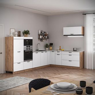 Vicco Cucina Angolare Completa Fame-line, Bianco Rustico/rovere Dorato, 327 X 227 Cm, Pl Rovere, Vicco