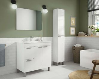 Dmora Dmora - Armario Bajo Encimera Lakewood, Mueble De Ba&ntilde;o, Armario De 2 Puertas Y Dos Cajones Con Espejo, Lavabo No Incluido, Cm 80x45h80, Blanco Brillan