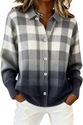 Generic Women Plaid Sweater, Long Sleeve Cardigan for Women Retro Plaid Print Casual Sweaters Knit Cardigan, Button Down Sweater. (a7,XL)