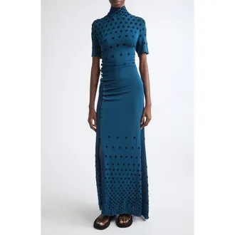 Paco Rabanne Flocked Dot Cutout Jersey Gown in Deep Lake at Nordstrom, Size 40