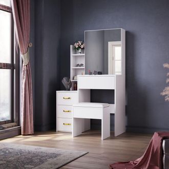 Elegant Lighting Elegant - Dressing Table White Makeup Desk with Drawer and Open shelves, Sliding Mirror Design, 80x30x136cm