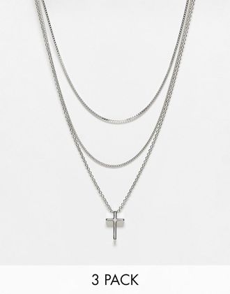Asos 3er-Pack silberfarbene Halsketten mit Kreuzanh&auml;nger