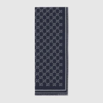 Gucci GG Wool Jacquard Scarf, Blue, Wool
