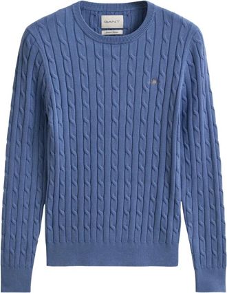 GANT Stretch Cotton Cable Knit Crew Neck Sweater - Dames - Ronde hals truien - Blauw - L - Katoen - Truien & Vesten