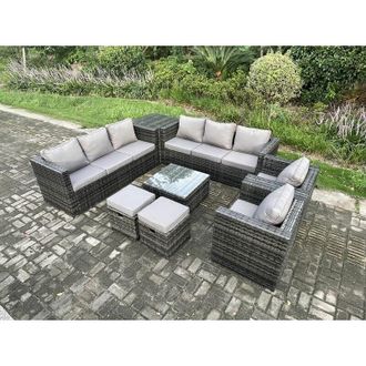 Fimous Fimous Rattan Garden Furniture Sofa Set with 2 Armchairs Square Coffee Table Side Table 2 Small Footstools Indoor Side Table 10 Seater Outdoor Rattan