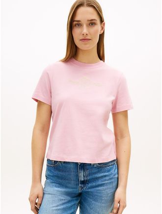 Tommy Hilfiger Womens Gold-Tone Club Crest Logo T-Shirt - Pink - XL