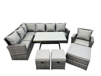 Fimous 10 Seat Rattan High Back Corner Sofa Set with 3 Footstool in Dark Grey