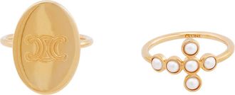 Celine Triomphe Folk Gold Finish Brass And Resin Pearl Ring Set Of 2, Size 54