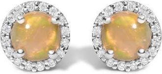 House of Brilliance 10K Gold Gemstone and 1/6 Cttw Diamond Halo Stud Earring in White | Multi Opal at Nordstrom