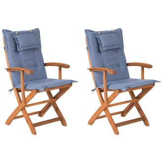 Beliani Beliani - Conjunto De 2 Sillas De Comedor De Jard&iacute;n De Madera De Acacia Clara Plegables Con Cojines Azules Maui