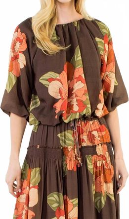 THML Clothing Floral Bubble Hem Top In Brown