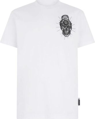 Philipp Plein T-shirt met Ronde Hals en Geborduurde Doodskop op de Borst - Heren - T-shirts - Wit - XL - Katoen - Tops