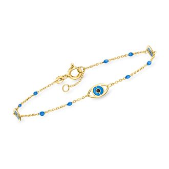 Ross-Simons Italian Blue and Black Enamel Evil Eye Station Bracelet in 14kt Yellow Gold