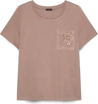 Fiorella Rubino Tops, Dames, Bruin, M, Katoen, Katoenen T-shirt met gehaakte zak en pailletten