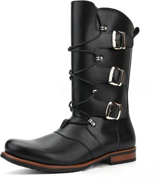 Generic Mens Round Toe Gothic Motorcycle Boots PU Leather Long Boots with Buckle Flat Heel Biker Boot with Side Zipper,Black,5.5 UK