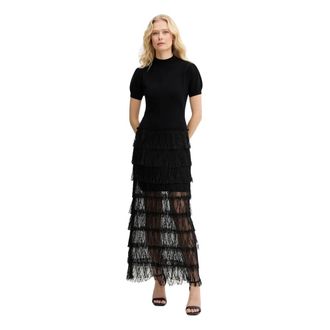 Twinset Vestido largo de punto con encaje plumetis - Dresses - Mujer - Negro - S