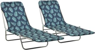 vidaXL Folding Sun Loungers 2 pcs Steel and Fabric Leaf Pattern vidaXL