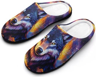 Generic Wolf Galaxy Mens Slippers Memory Foam Winter Warm Sandals Slip On House Shoes Size 7-14